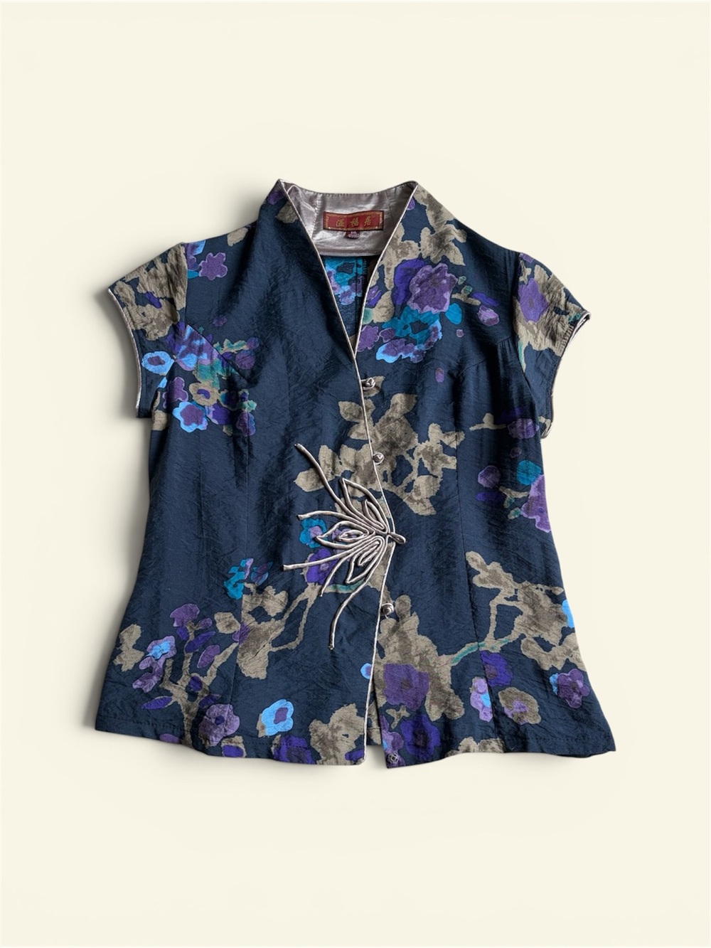 Pirates of Fortune Y2K Floral Mandarin Collar Top Navy Purple Frog Button Size M